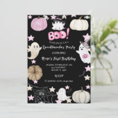 Niedliche Geister, Pink Pumpkins & Stars Geburtsta Einladung (Stehend Vorderseite)