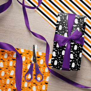 Niedliche Geister und Fledermäuse Orange Hallowee Geschenkpapier Set