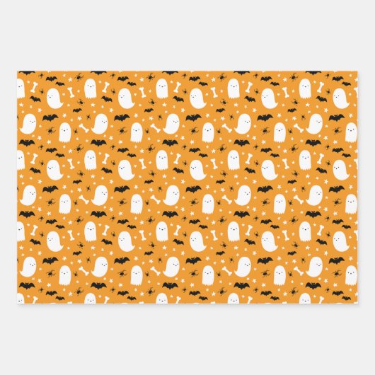 Niedliche Geister und Fledermäuse Orange Halloween Geschenkpapier Set (Vorderseite)