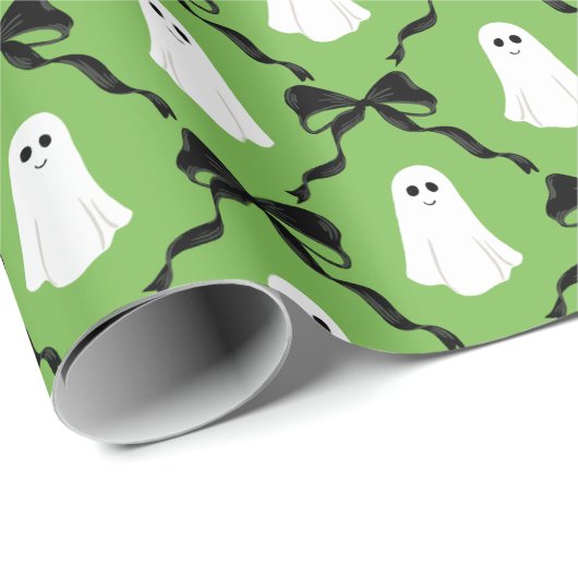 Niedliche Geister und schwarze Bogen auf grünem Ha Geschenkpapier (Rolleneckpunkt)