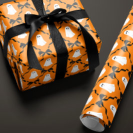Niedliche Geister und schwarze Bogen auf Orange Ha Geschenkpapier