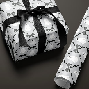 Niedliche Geister und schwarze Bows auf grauem Hal Geschenkpapier