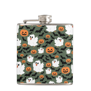 Niedliche Geisterhühner mit Pumpkins und Fledermäu Flachmann