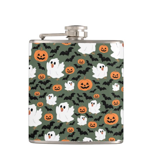 Niedliche Geisterhühner mit Pumpkins und Fledermäu Flachmann (Vorderseite)