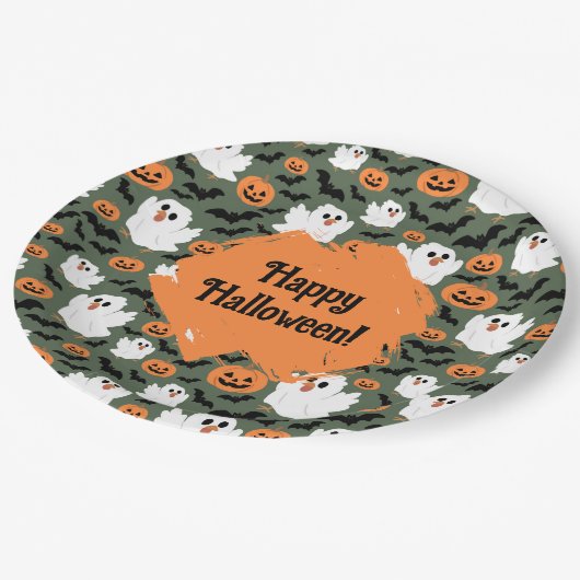 Niedliche Geisterhühner mit Pumpkins und Fledermäu Pappteller (Schrägansicht)