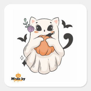 Niedliche Geisterkatze mit Pumpkin Spooky Hallow Quadratischer Aufkleber