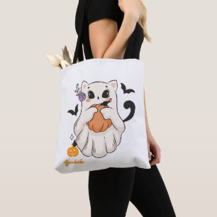 Niedliche Geisterkatze mit Pumpkin Spooky Hallow Tasche