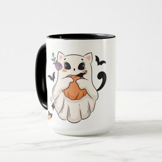 Niedliche Geisterkatze mit Pumpkin | Spooky Hallow Tasse (Vorderseite Links)