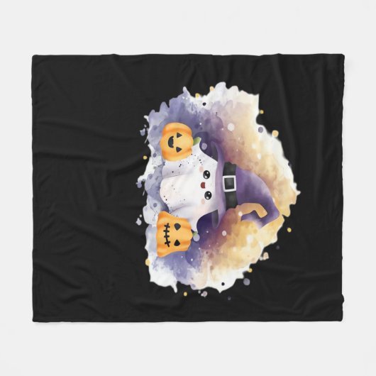 Niedliche Geisterkatze mit Pumpkins - Kawaii Hallo Fleecedecke (Vorderseite (Horizontal))