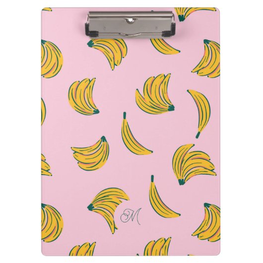 Niedliche Gelbbananen mit Monogramm im rosa Hinter Klemmbrett (Vorderseite)