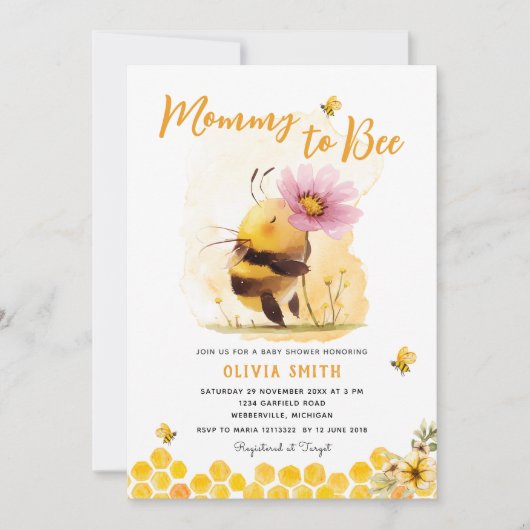 Niedliche gelbe Biene Daisy Mommy zu Baby-Dusche Einladung (Vorderseite)
