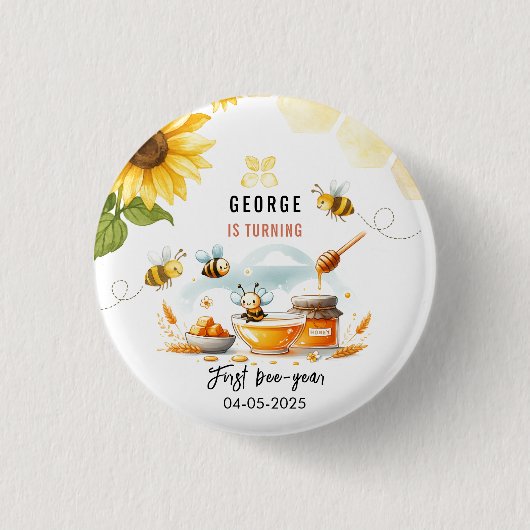 Niedliche Gelbe Biene & Sonnenblume 1. Geburtstag Button (Vorderseite)