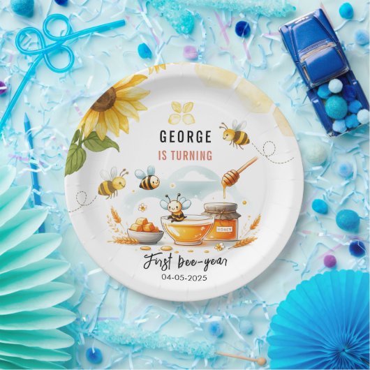 Niedliche Gelbe Biene & Sonnenblume 1. Geburtstag Pappteller (Party)