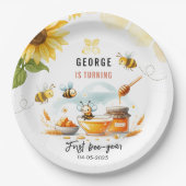 Niedliche Gelbe Biene & Sonnenblume 1. Geburtstag Pappteller (Vorderseite)
