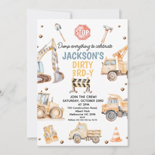 Niedliche Gelbe Boys Konstruktion dreiteiliger Geb Einladung (Vorderseite)