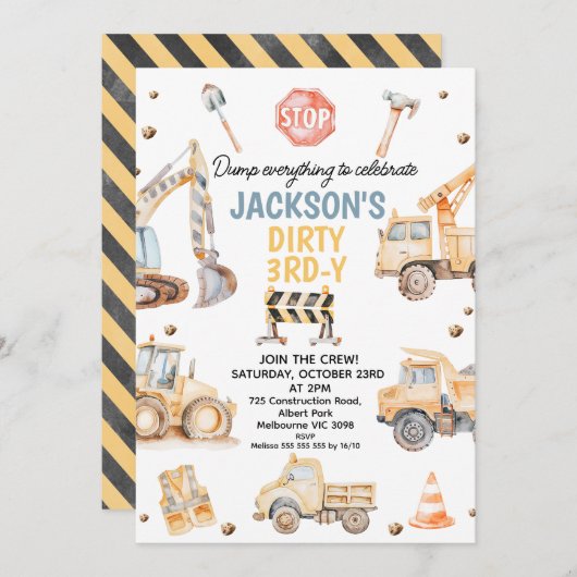 Niedliche Gelbe Boys Konstruktion dreiteiliger Geb Einladung (Vorne/Hinten)