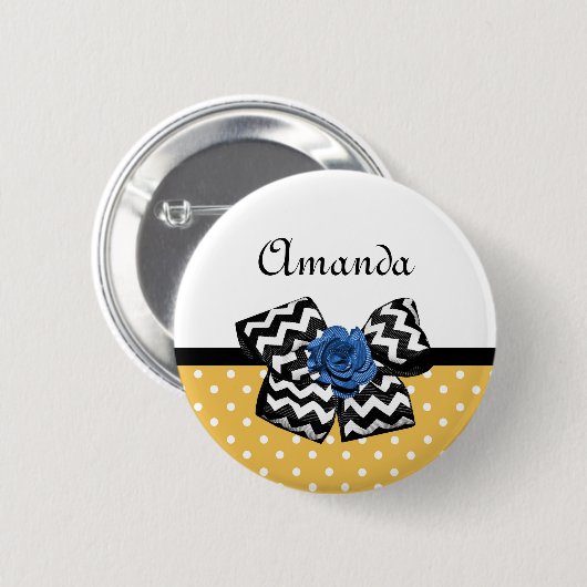 Niedliche gelbe Punkte Blaue Rose Zickzack Bow mit Button (Vorne & Hinten)