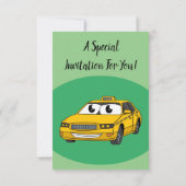 Niedliche Gelbe Taxifahrt Cartoon Illustration Einladung (Rückseite)
