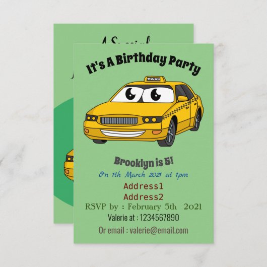 Niedliche Gelbe Taxifahrt Cartoon Illustration Einladung (Vorne/Hinten)