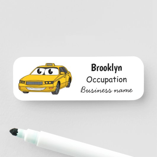 Niedliche Gelbe Taxifahrt Cartoon Illustration Namensschild (Beispiel)