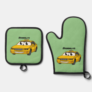 Niedliche Gelbe Taxifahrt Cartoon Illustration Ofenhandschuh & Topflappen-Set