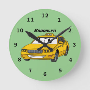 Niedliche Gelbe Taxifahrt Cartoon Illustration Runde Wanduhr