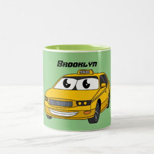Niedliche Gelbe Taxifahrt Cartoon Illustration Zweifarbige Tasse