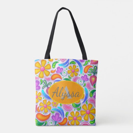 Niedliche gelbe und Lila florale Monogramm Tasche (Rückseite)