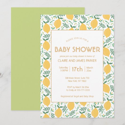 Niedliche gelbe Zitrone Fruchtfoliage Babydusche Einladung (Vorne/Hinten)
