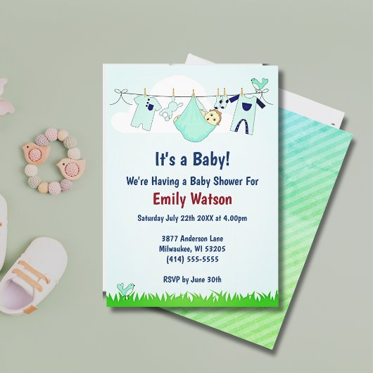 Niedliche Gender Neutral Clothesline Boho Babydusc Einladung