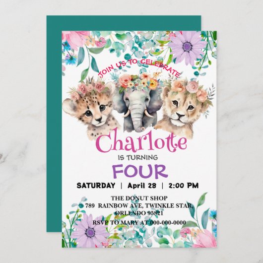 Niedliche Geparden Lion Dschungel Tiere Geburtstag Einladung (Vorne/Hinten)