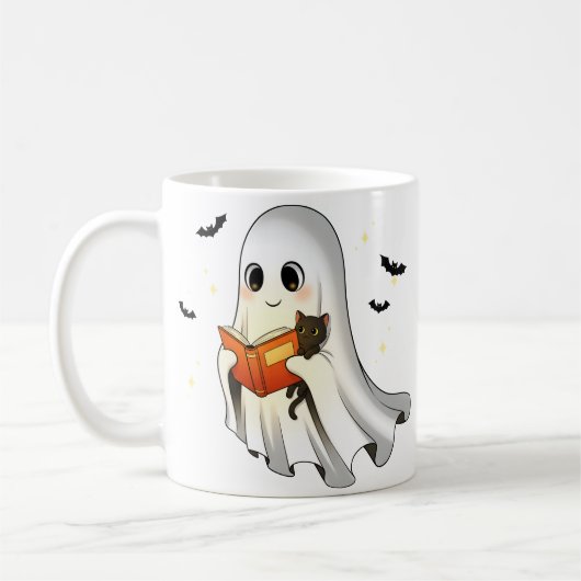 Niedliche Ghost Cat Reading Book Halloween-Tasse | Kaffeetasse (Links)