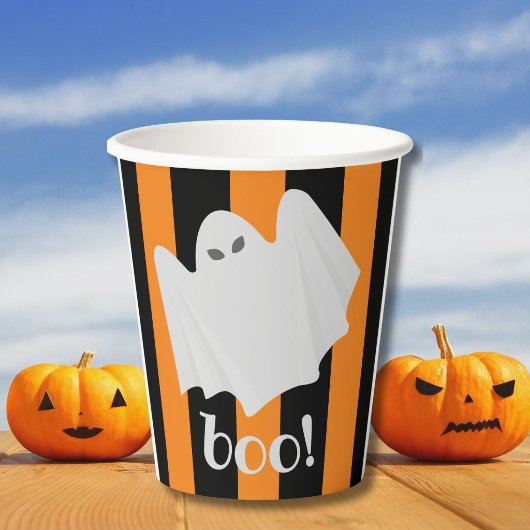 Niedliche Ghost Halloween Orange und Schwarze Stre Pappbecher