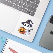 Niedliche Ghost-Hexe mit Jack-o-Lantern Aufkleber (Laptop mit iPhone)