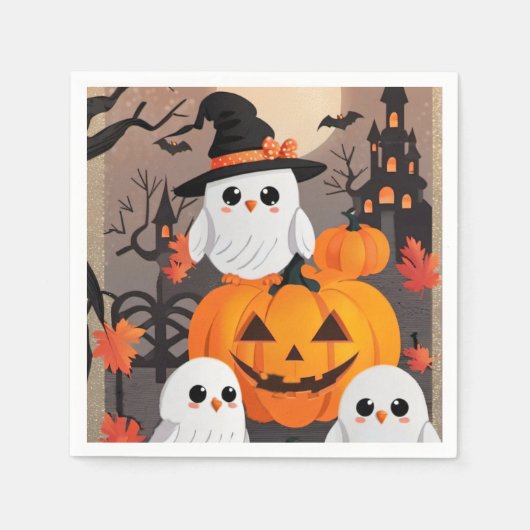 Niedliche Ghost Owls & Pumpkins Spooky Halloween Serviette (Vorderseite)