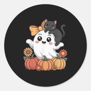 Niedliche Ghost- und Kat-Pumpkin-Herbstfamilie pas Runder Aufkleber