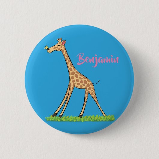 Niedliche Gigraffe mit Schmetterling-Cartoon Button (Vorderseite)