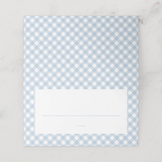Niedliche Gingham Karo Kinderdusche Platzkarte (Außenseite Aufgefaltet)