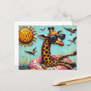 Niedliche Giraffe auf der Vogelfliege im Donut-Sch Postkarte