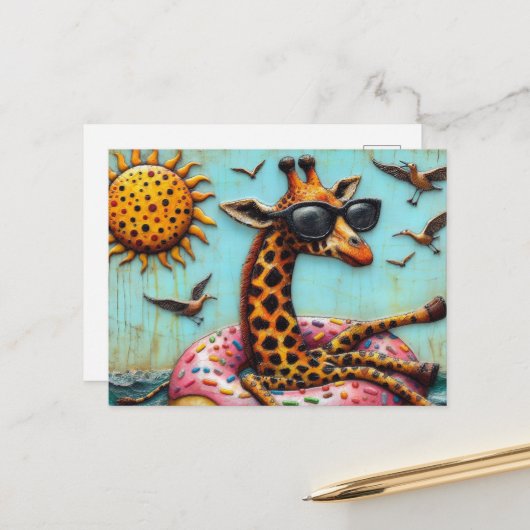 Niedliche Giraffe auf der Vogelfliege im Donut-Sch Postkarte (Vorderseite/Rückseite Beispiel)