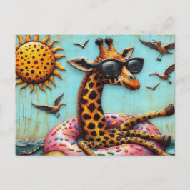Niedliche Giraffe auf der Vogelfliege im Donut-Sch Postkarte