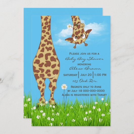Niedliche Giraffe Baby Boy Dusche Einladung (Vorne/Hinten)