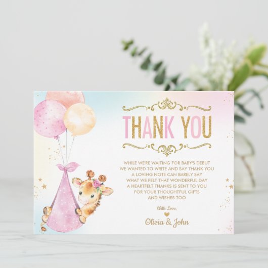 Niedliche Giraffe Balloons Girl Baby Dusche Sprink Dankeskarte (Stehend Vorderseite)
