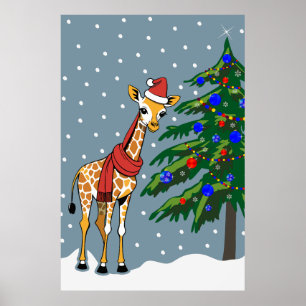 Niedliche Giraffe Beanie und Scarf mit Christbaum Poster
