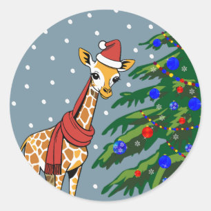 Niedliche Giraffe Beanie und Scarf mit Christbaum Runder Aufkleber