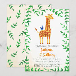 Niedliche Giraffe & Bird zum Geburtstag Einladung