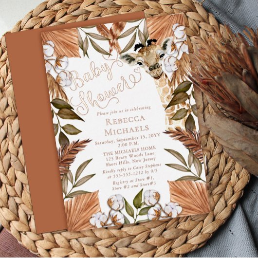 Niedliche Giraffe Boho Getrocknete Gräser Babydusc Folieneinladung