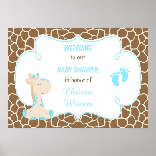 Niedliche Giraffe Boy Blue Baby Dusche Poster (Vorne)