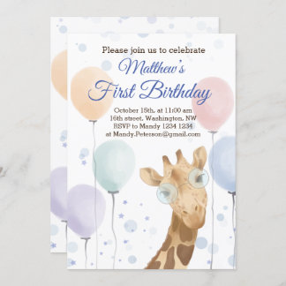 Niedliche Giraffe farbenfrohe Balloon Boy Geburtst Einladung
