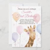 Niedliche Giraffe farbenfrohe Balloon Girl 1. Gebu Einladung (Vorderseite)
